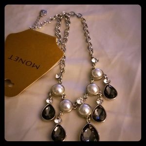 Monet Silver Pearl and Black Crystal Necklace